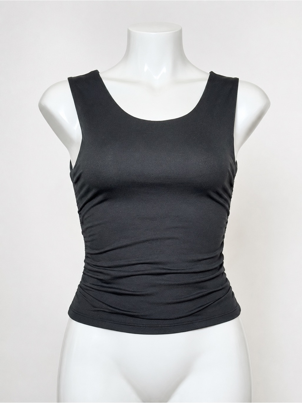 Women's Black Scoop Neck Ruched Tank top! Deep neckline on the back.